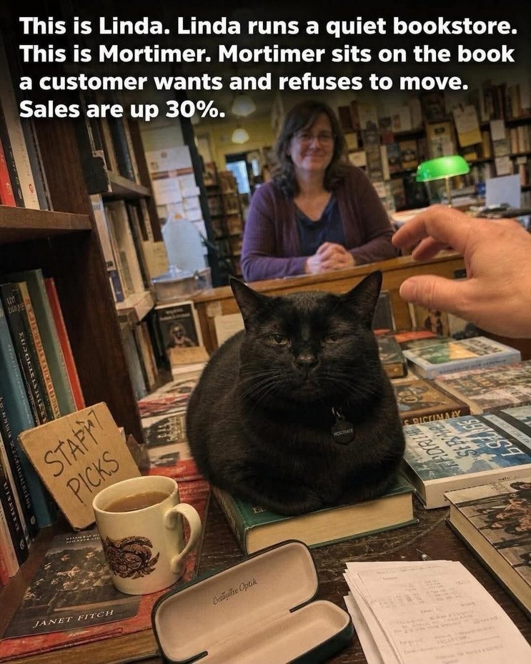 This is Linda. Linda runs a quiet bookstore. This is Mortimer. Mortimer sits on the book a customer wants and refuses to move. Sales are up 30%. STAFF PICKS. MORTIMER.