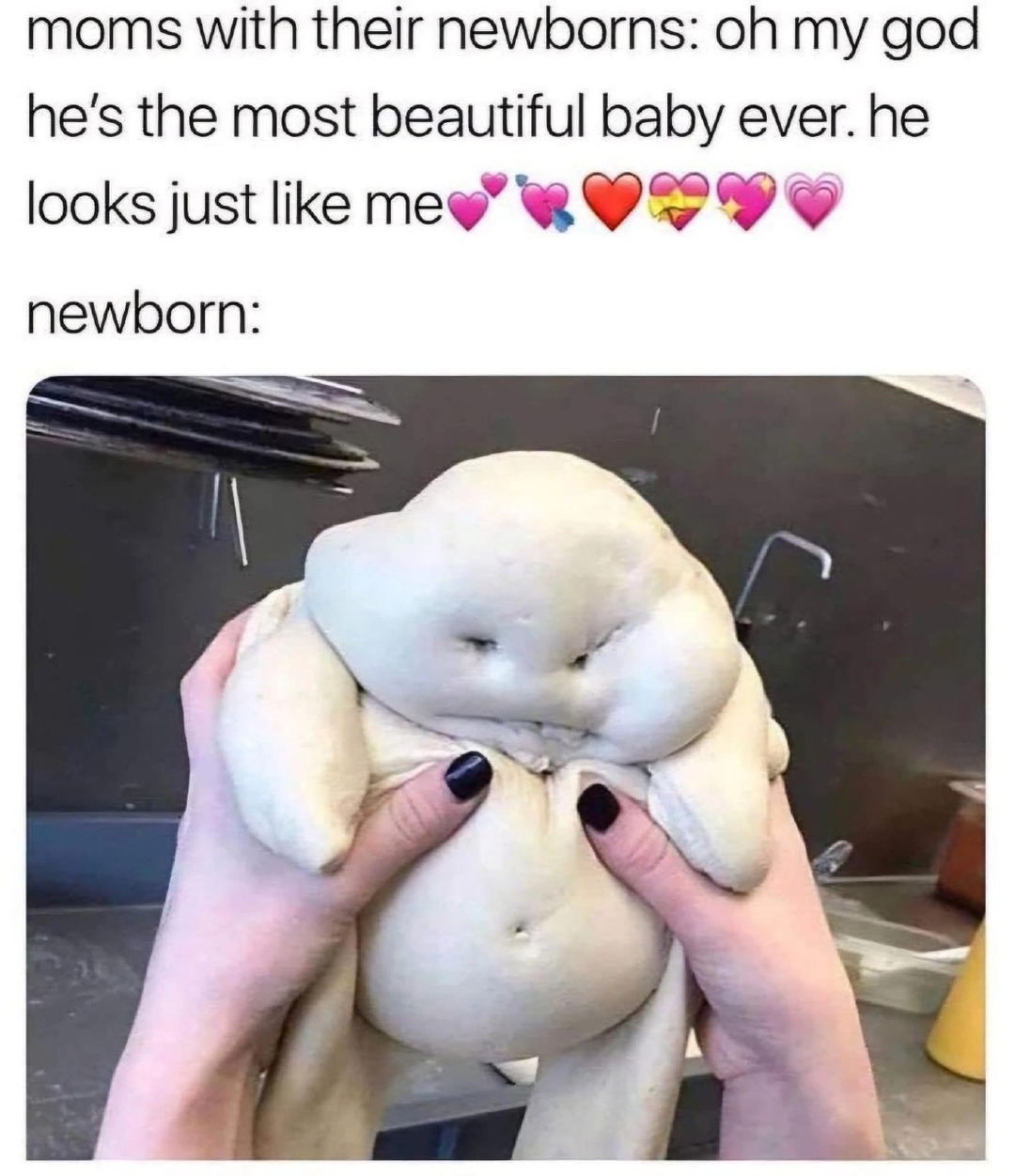 moms with their newborns: oh my god he's the most beautiful baby ever. he looks just like me newborn: