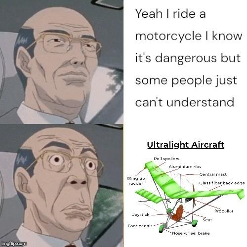 Yeah I ride a motorcycle I know it's dangerous but some people just can't understand. Ultralight Aircraft. Roll spoilers, Aluminium ribs, Central mast, Class fiber back edge, Wing tip rudder, Joystick, Foot pedals, Propeller, Seat, Nose wheel brake.