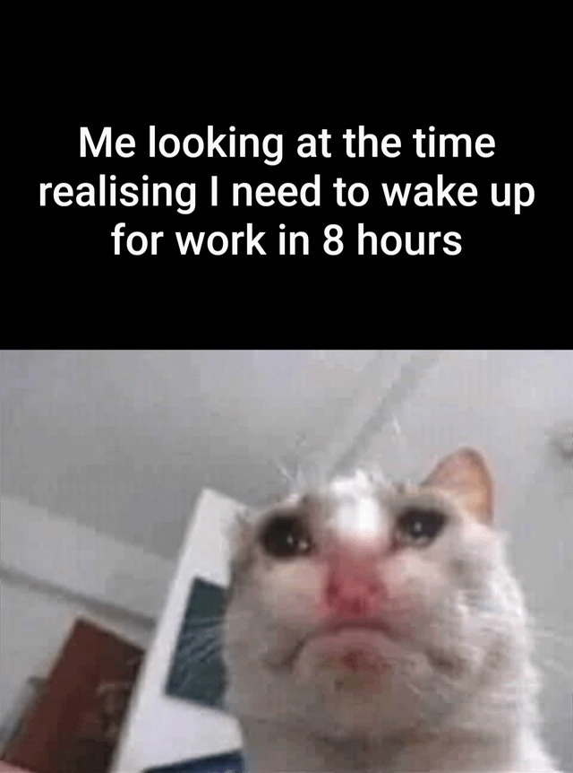 Me looking at the time realising I need to wake up for work in 8 hours