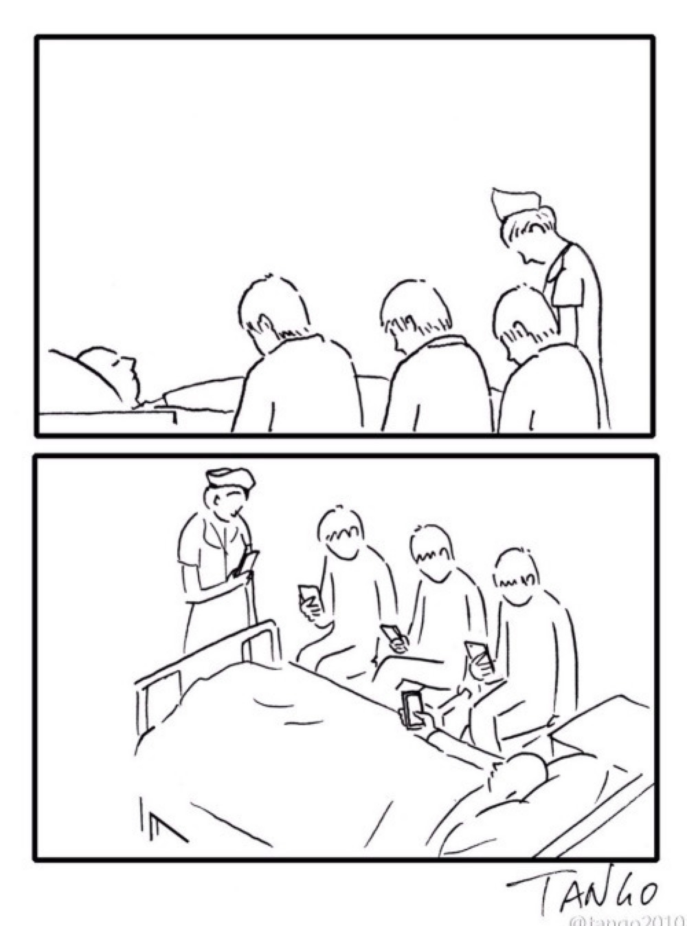 A two-panel comic strip by Tango. The first panel shows a group of people and a nurse gathered around a person in a hospital bed, looking down solemnly. The second panel shows the same scene, but everyone, including the patient, is looking at and interacting with their smartphones.