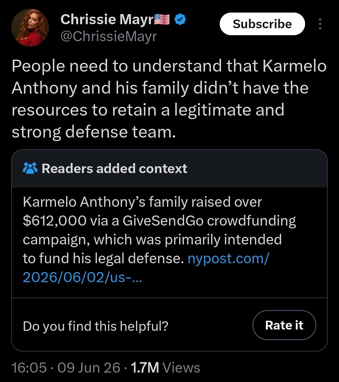 People need to understand that Karmelo Anthony and his family didn't have the resources to retain a legitimate and strong defense team. Readers added context: Karmelo Anthony's family raised over $612,000 via a GiveSendGo crowdfunding campaign, which was primarily intended to fund his legal defense.