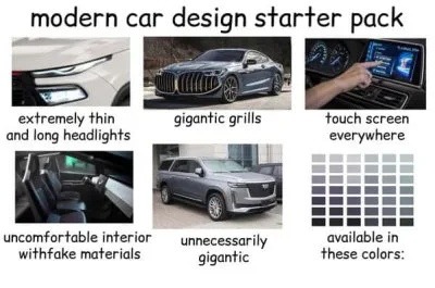 modern car design starter pack extremely thin and long headlights gigantic grills touch screen everywhere uncomfortable interior with fake materials unnecessarily gigantic available in these colors: