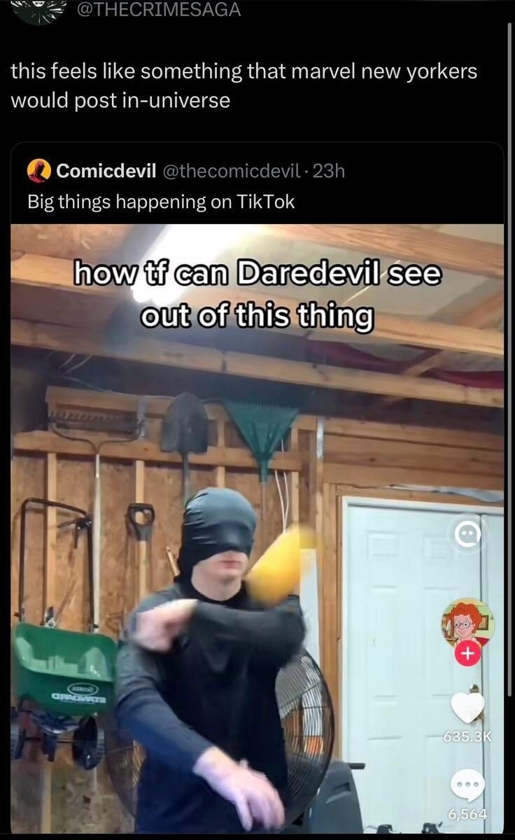 this feels like something that marvel new yorkers would post in-universe Big things happening on TikTok how tf can Daredevil see out of this thing