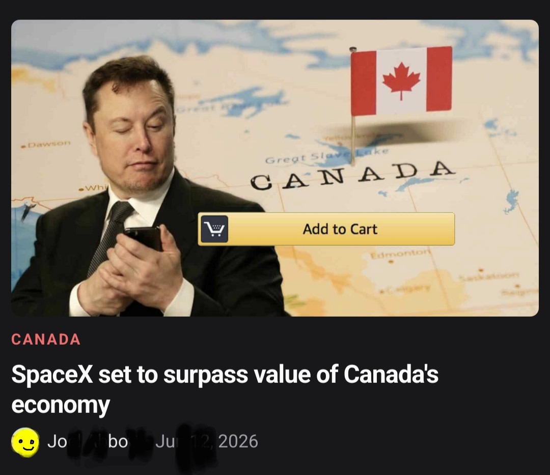 Elon Musk is looking at his phone, superimposed on a map of Canada with a Canadian flag. An 'Add to Cart' button is visible. The text below states 'SpaceX set to surpass value of Canada's economy'.