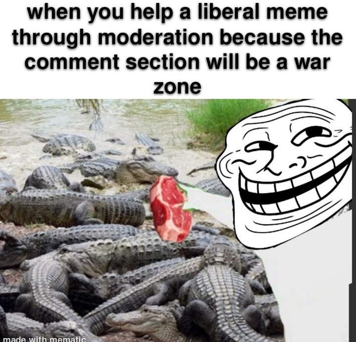when you help a liberal meme through moderation because the comment section will be a war zone made with mematic