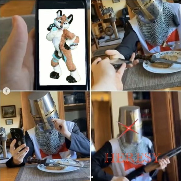 A hand holds a smartphone displaying a furry character. A person dressed as a medieval knight is at a table. The knight looks at the phone, then reacts strongly, holding a shotgun with the word 'HERESY' overlaid.