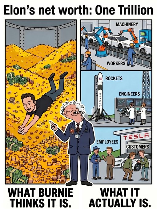 Elon's net worth: One Trillion WHAT BURNIE THINKS IT IS. WHAT IT ACTUALLY IS. MACHINERY WORKERS ROCKETS ENGINEERS EMPLOYEES CUSTOMERS TESLA SPACEX