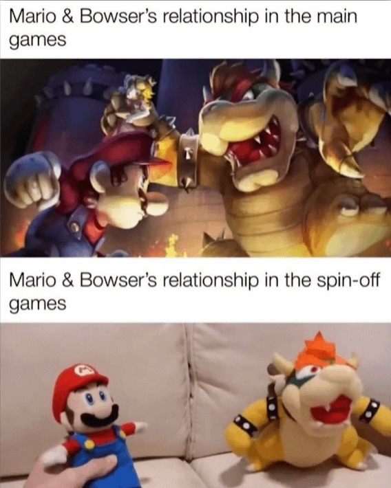 Mario & Bowser's relationship in the main games. Mario & Bowser's relationship in the spin-off games.
