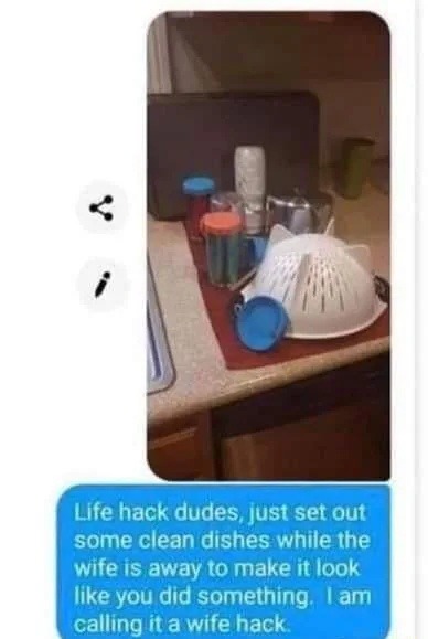 Life hack dudes, just set out some clean dishes while the wife is away to make it look like you did something. I am calling it a wife hack.