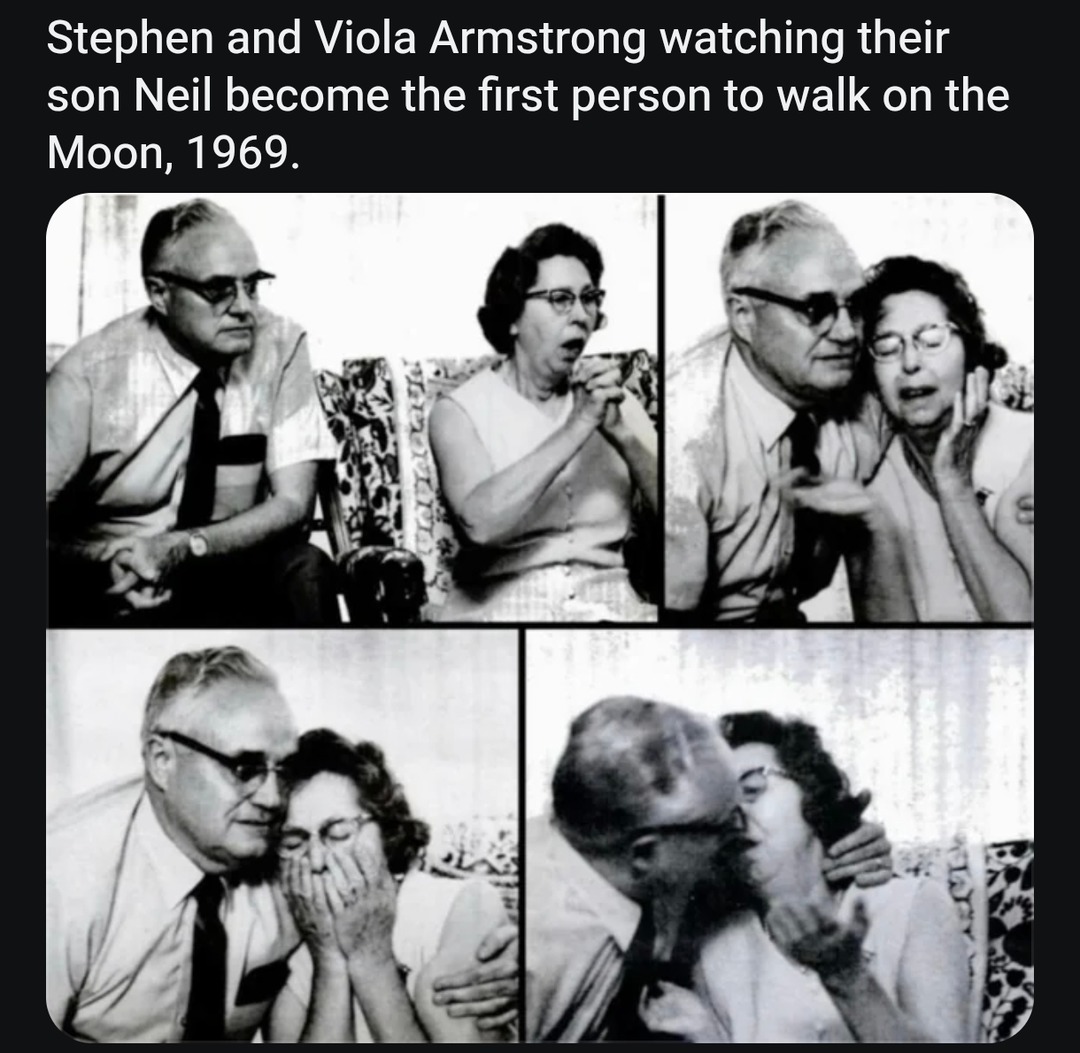 Stephen and Viola Armstrong watching their son Neil become the first person to walk on the Moon, 1969.