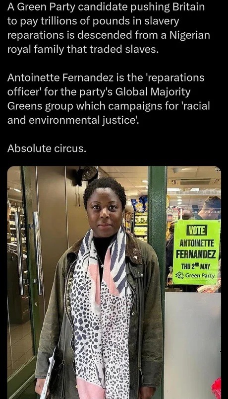A Green Party candidate pushing Britain to pay trillions of pounds in slavery reparations is descended from a Nigerian royal family that traded slaves. Antoinette Fernandez is the 'reparations officer' for the party's Global Majority Greens group which campaigns for 'racial and environmental justice'. Absolute circus. Vote Antoinette Fernandez Thu 