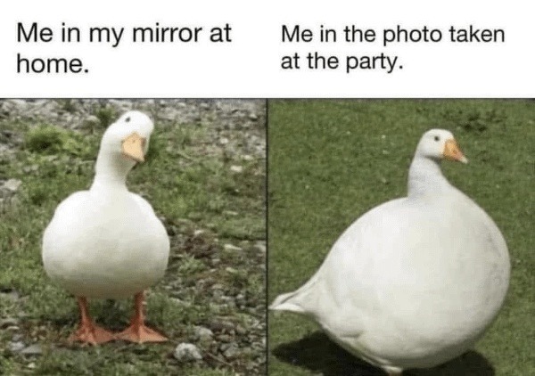 Me in my mirror at home. Me in the photo taken at the party.