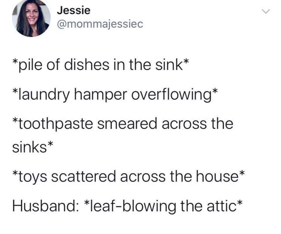 Jessie @mommajessiec *pile of dishes in the sink* *laundry hamper overflowing* *toothpaste smeared across the sinks* *toys scattered across the house* Husband: *leaf-blowing the attic*