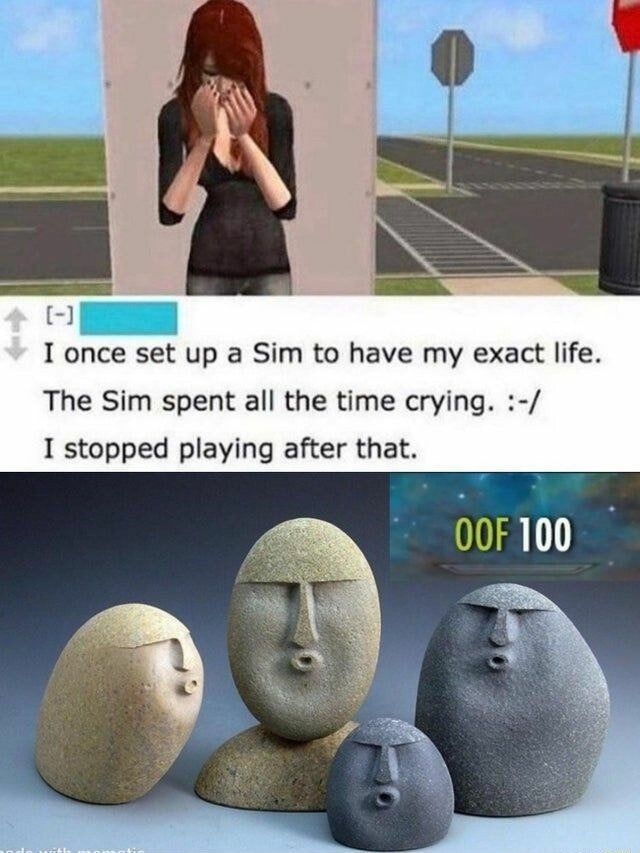 I once set up a Sim to have my exact life. The Sim spent all the time crying. :-/ I stopped playing after that. OOF 100