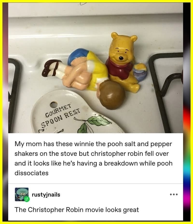 GOURMET SPOON REST. My mom has these winnie the pooh salt and pepper shakers on the stove but christopher robin fell over and it looks like he's having a breakdown while pooh dissociates. The Christopher Robin movie looks great.