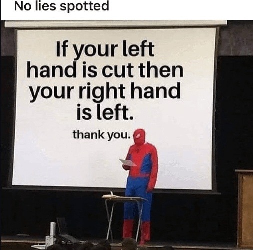 No lies spotted. If your left hand is cut then your right hand is left. thank you.