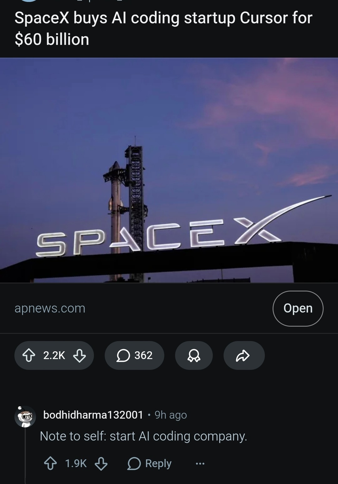 SpaceX buys AI coding startup Cursor for $60 billion. Note to self: start AI coding company.