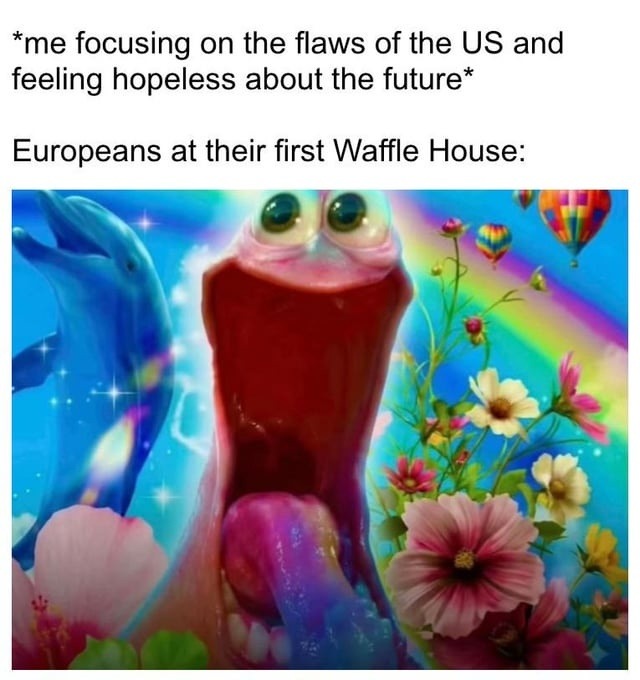 *me focusing on the flaws of the US and feeling hopeless about the future*
Europeans at their first Waffle House: