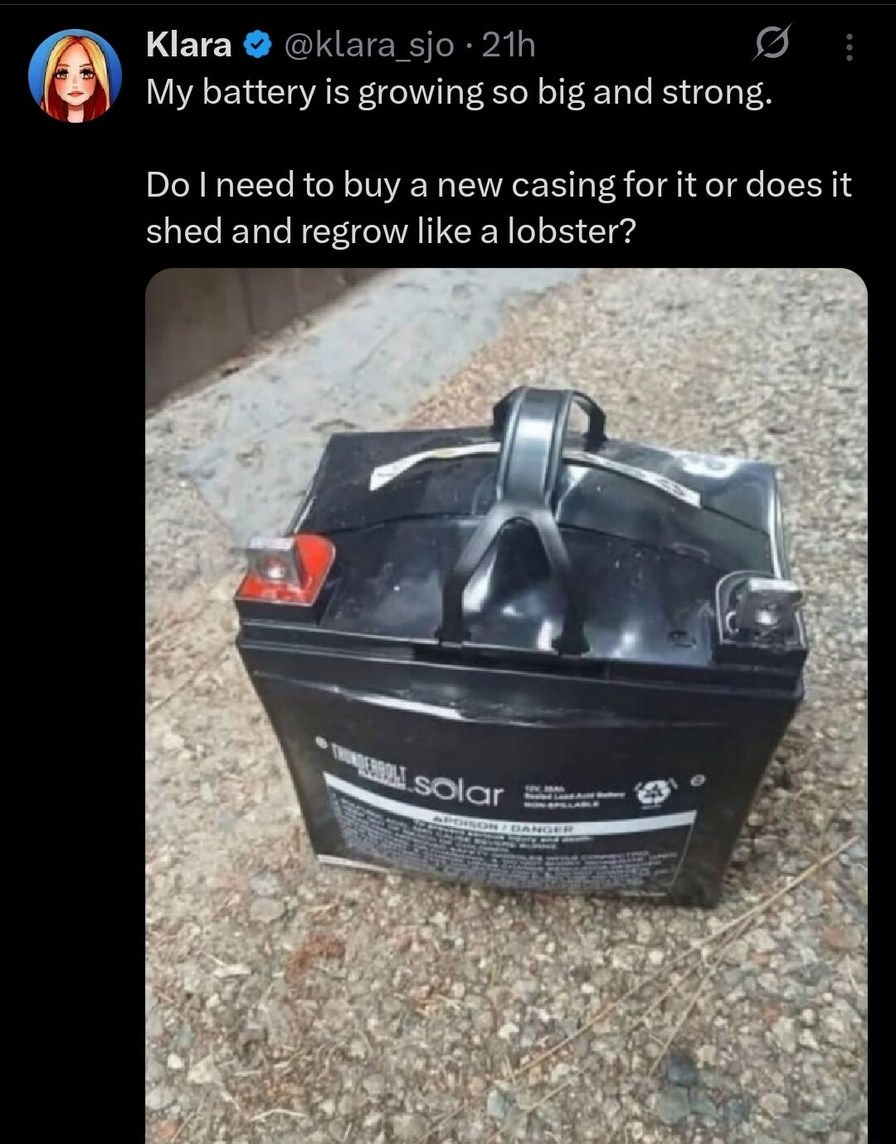 My battery is growing so big and strong. Do I need to buy a new casing for it or does it shed and regrow like a lobster? The battery is a Thunderbolt Solar 12V 35Ah Sealed Lead-Acid Battery, labeled as NON-SPILLABLE and with a warning: APOISON / DANGER.