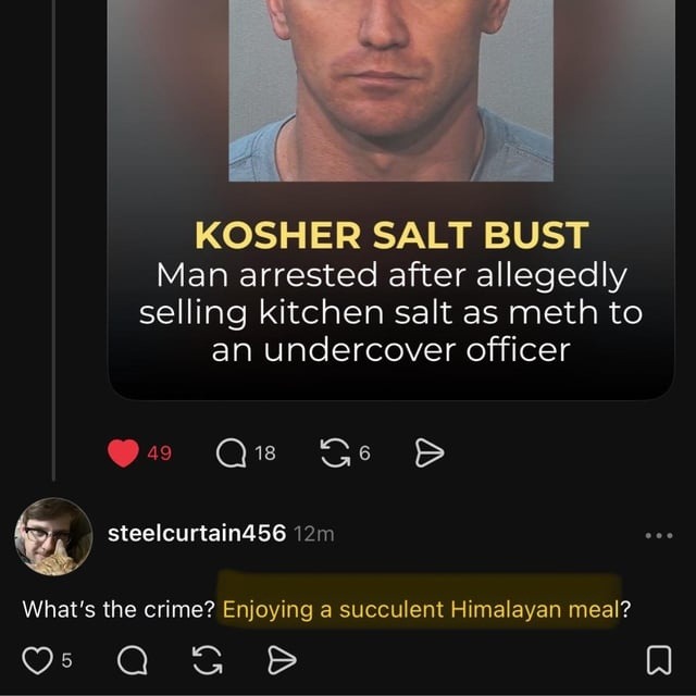 KOSHER SALT BUST Man arrested after allegedly selling kitchen salt as meth to an undercover officer. What's the crime? Enjoying a succulent Himalayan meal?