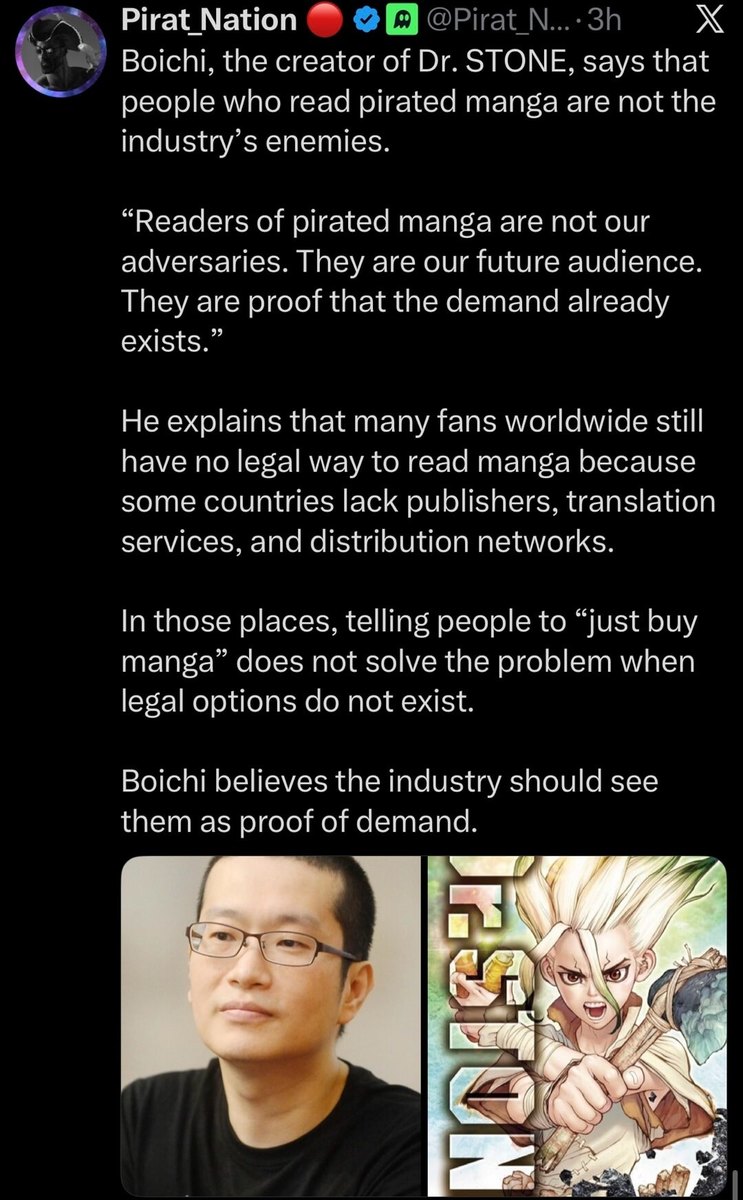 Pirat_Nation Boichi, the creator of Dr. STONE, says that people who read pirated manga are not the industry's enemies. 