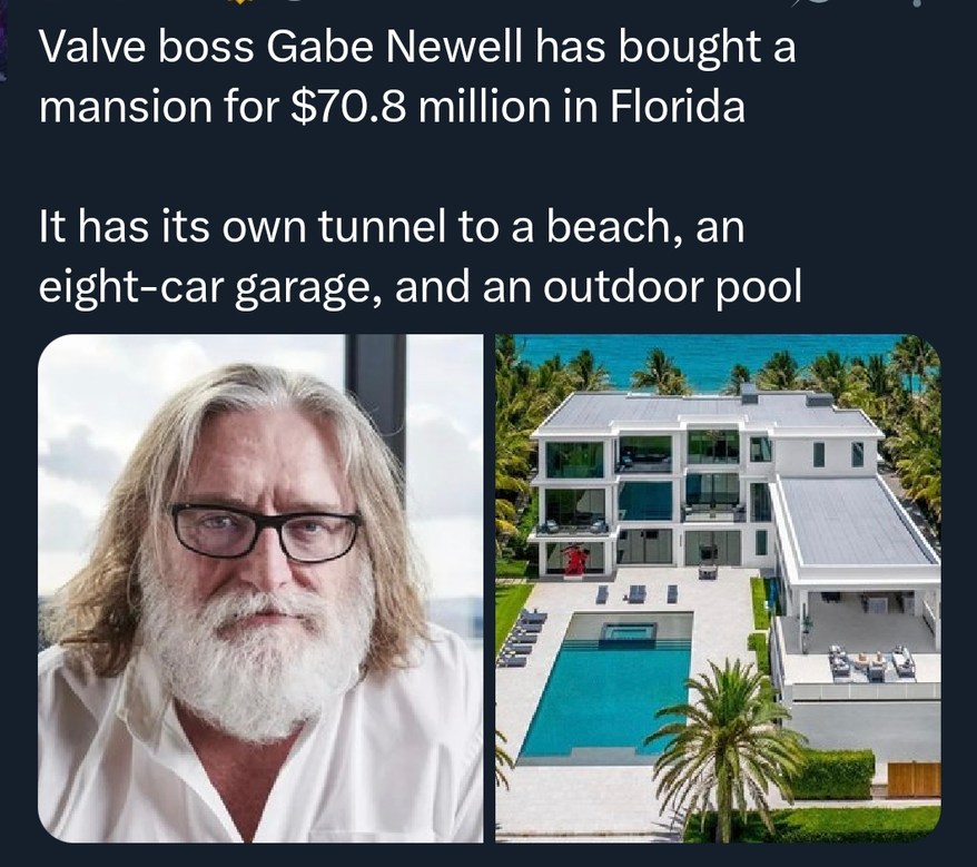Valve boss Gabe Newell has bought a mansion for $70.8 million in Florida. It has its own tunnel to a beach, an eight-car garage, and an outdoor pool.