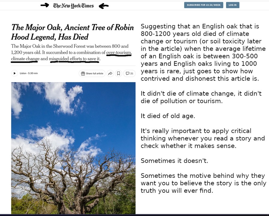 The New York Times. The Major Oak, Ancient Tree of Robin Hood Legend, Has Died. The Major Oak in the Sherwood Forest was between 800 and 1,200 years old. It succumbed to a combination of over-tourism, climate change and misguided efforts to save it. Suggesting that an English oak that is 800-1200 years old died of climate change or tourism (or soil