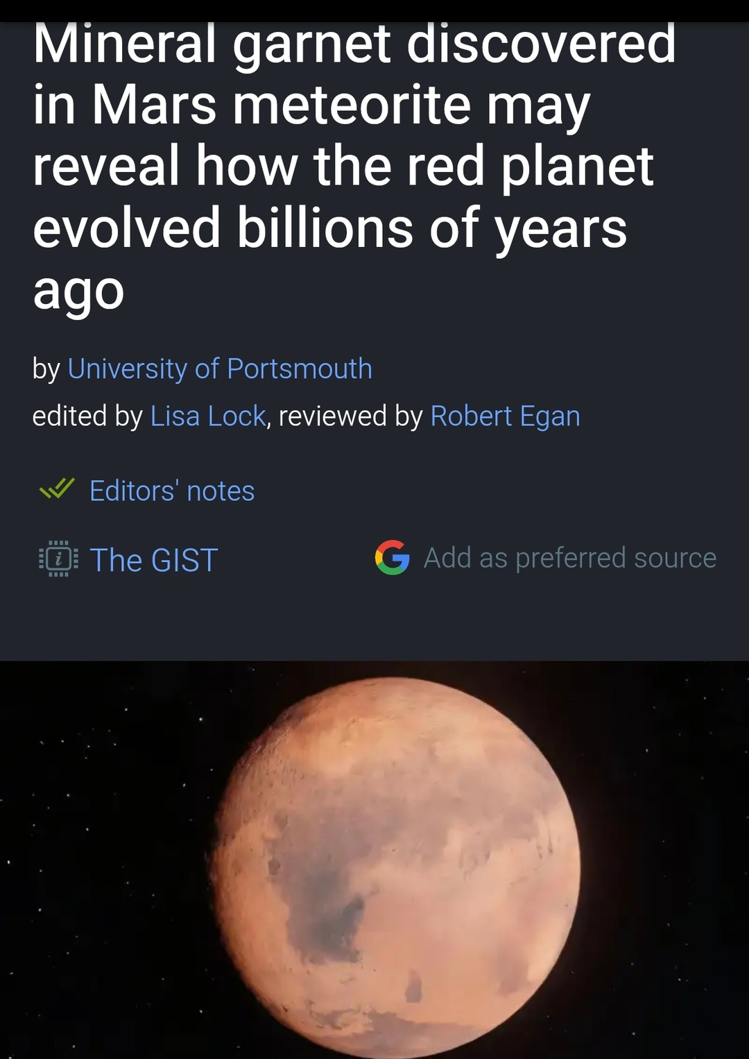 Mineral garnet discovered in Mars meteorite may reveal how the red planet evolved billions of years ago by University of Portsmouth edited by Lisa Lock, reviewed by Robert Egan Editors' notes The GIST Add as preferred source