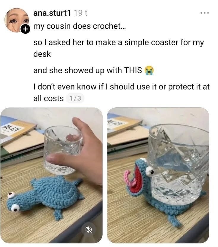 my cousin does crochet... so I asked her to make a simple coaster for my desk and she showed up with THIS 😭 I don't even know if I should use it or protect it at all costs