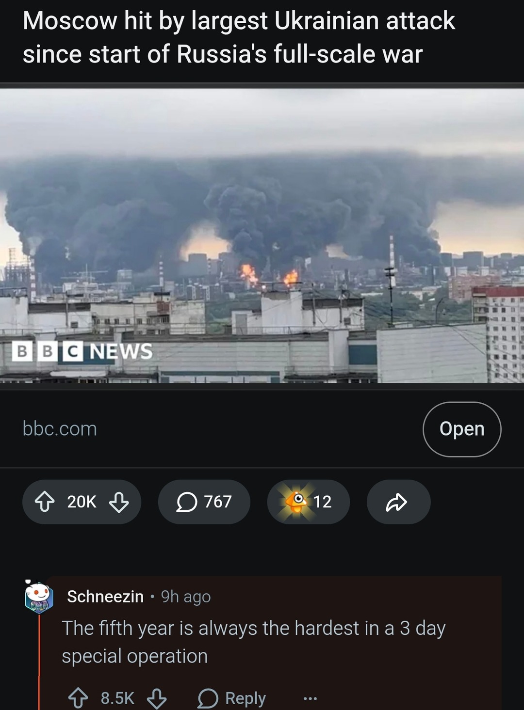 Moscow hit by largest Ukrainian attack since start of Russia's full-scale war. BBC News reports on bbc.com. A user comments: 'The fifth year is always the hardest in a 3 day special operation'.