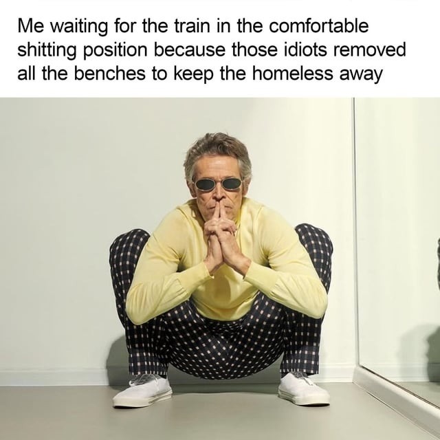 Me waiting for the train in the comfortable shitting position because those idiots removed all the benches to keep the homeless away