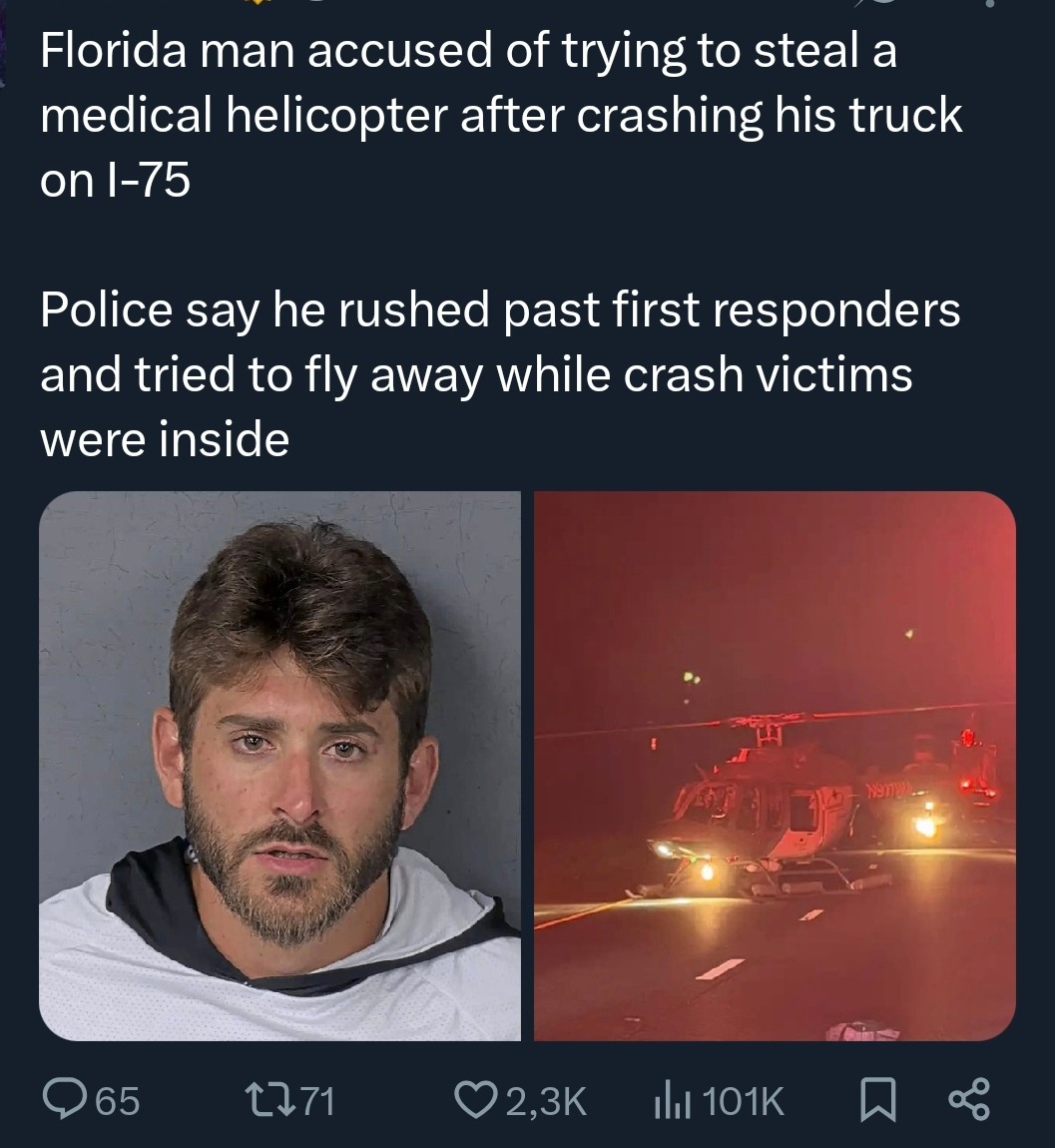 Florida man accused of trying to steal a medical helicopter after crashing his truck on I-75. Police say he rushed past first responders and tried to fly away while crash victims were inside.