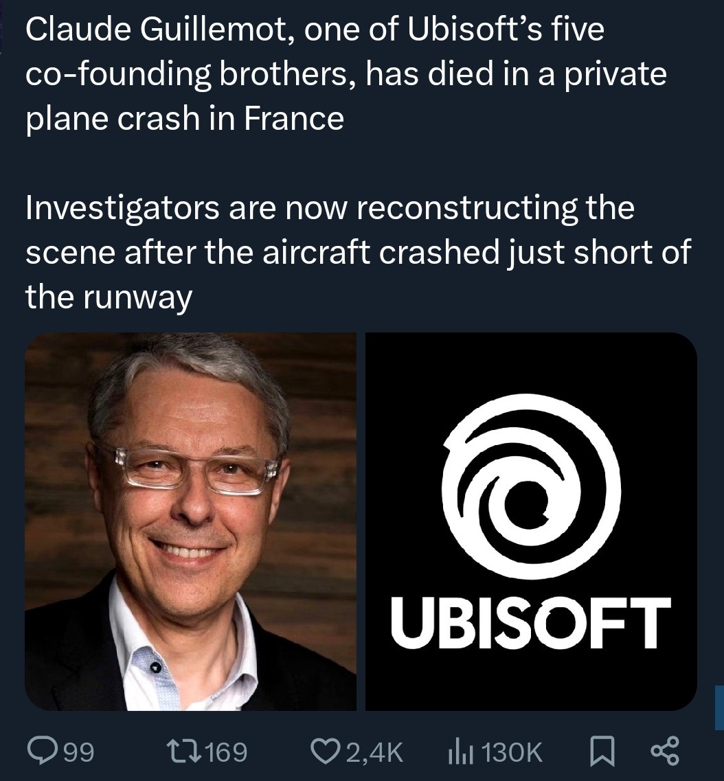 Claude Guillemot, one of Ubisoft's five co-founding brothers, has died in a private plane crash in France. Investigators are now reconstructing the scene after the aircraft crashed just short of the runway. Ubisoft.