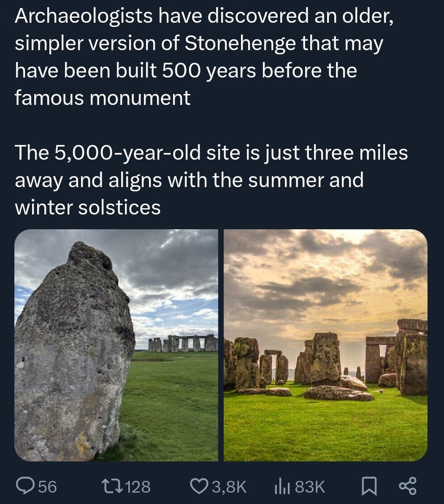 Archaeologists have discovered an older, simpler version of Stonehenge that may have been built 500 years before the famous monument. The 5,000-year-old site is just three miles away and aligns with the summer and winter solstices.