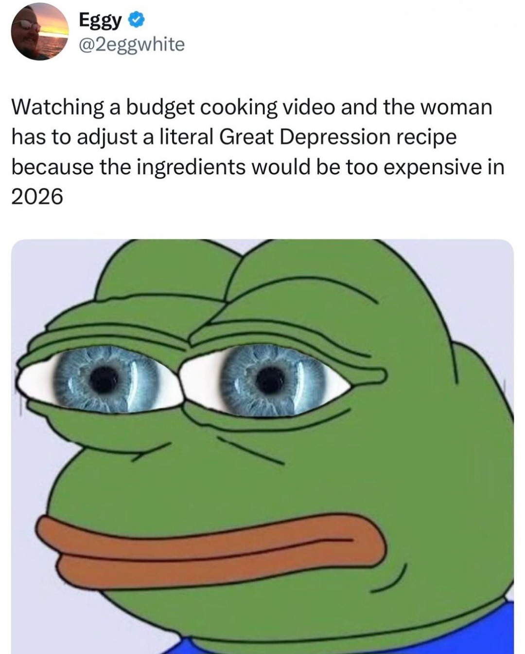 Eggy @2eggwhite Watching a budget cooking video and the woman has to adjust a literal Great Depression recipe because the ingredients would be too expensive in 2026