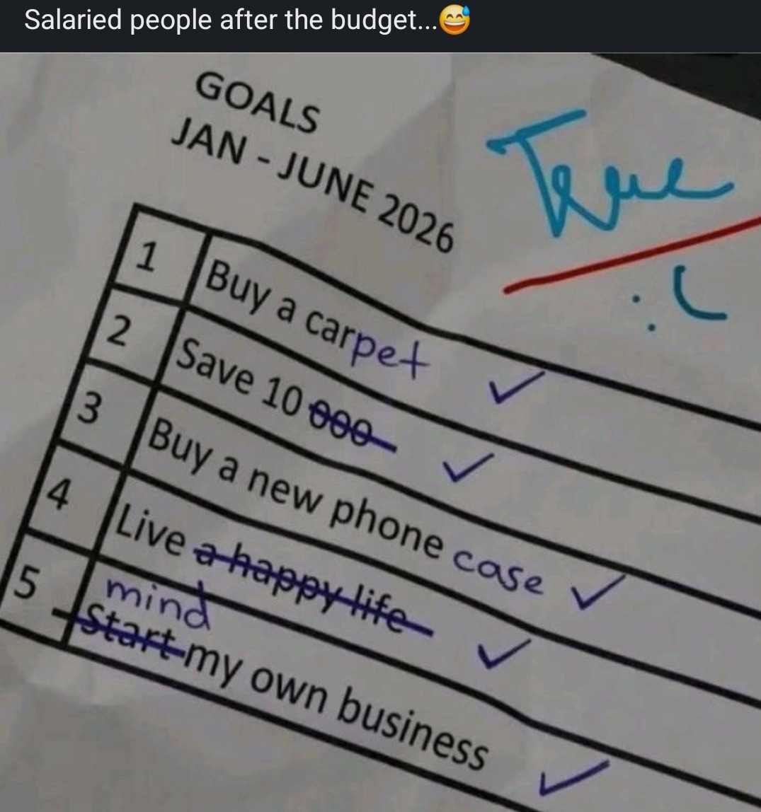 Salaried people after the budget... 😂 GOALS JAN - JUNE 2026 1 Buy a carpet 2 Save 10 000 3 Buy a new phone case 4 Live a happy life 5 Start my own business True :(