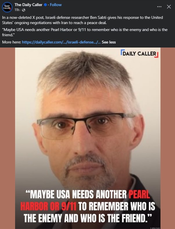 In a now-deleted X post, Israeli defense researcher Ben Sabti gives his response to the United States' ongoing negotiations with Iran to reach a peace deal. 
