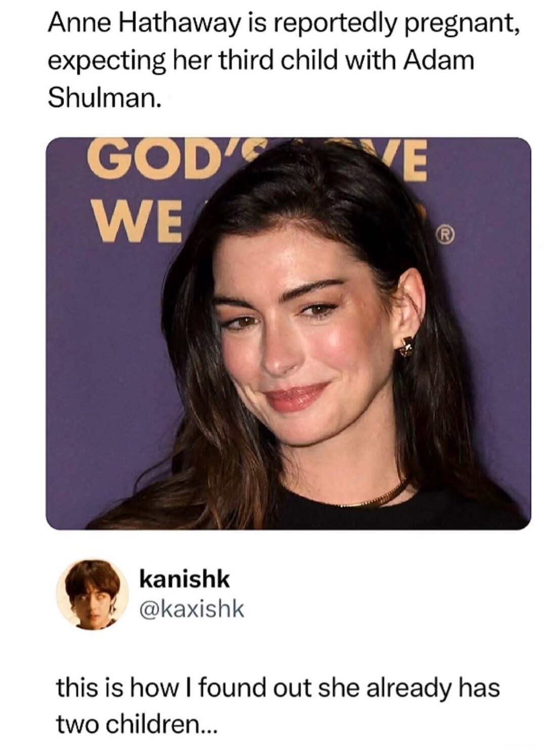 Anne Hathaway is reportedly pregnant, expecting her third child with Adam Shulman. kanishk @kaxishk this is how I found out she already has two children...