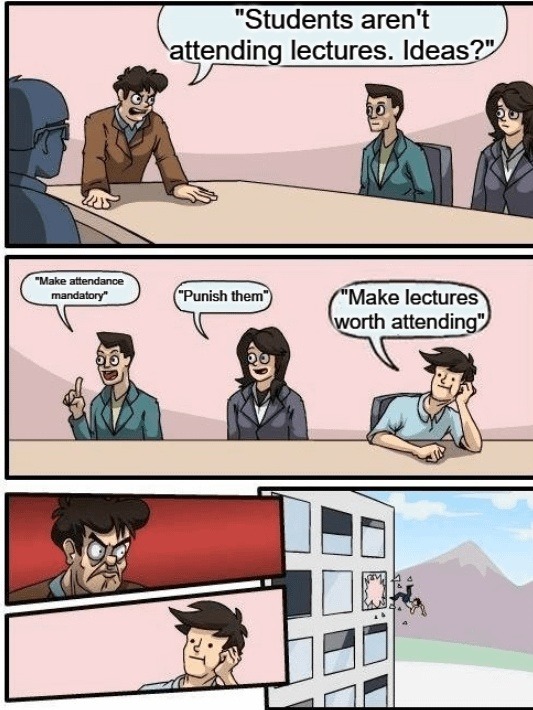 Students aren't attending lectures. Ideas? Make attendance mandatory. Punish them. Make lectures worth attending.