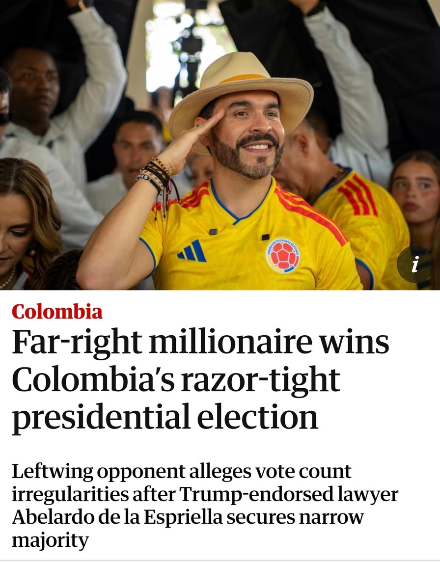 Colombia Far-right millionaire wins Colombia's razor-tight presidential election Leftwing opponent alleges vote count irregularities after Trump-endorsed lawyer Abelardo de la Espriella secures narrow majority