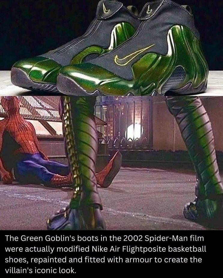 The Green Goblin's boots in the 2002 Spider-Man film were actually modified Nike Air Flightposite basketball shoes, repainted and fitted with armour to create the villain's iconic look.