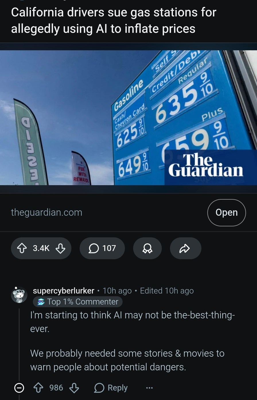California drivers sue gas stations for allegedly using AI to inflate prices. Gasoline prices displayed: Regular $6.35 9/10, Cash/Chevron Card $6.25 9/10, Plus $6.59 9/10. A user comment states: 'I'm starting to think AI may not be the best thing ever. We probably needed some stories & movies to warn people about potential dangers.' The source is T