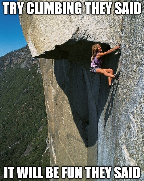 TRY CLIMBING THEY SAID IT WILL BE FUN THEY SAID