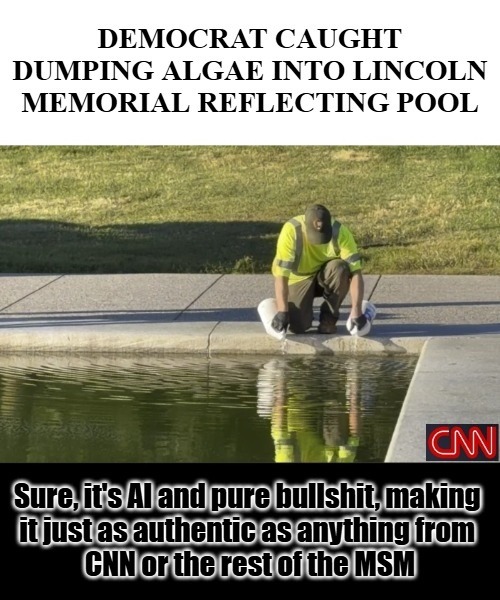 DEMOCRAT CAUGHT DUMPING ALGAE INTO LINCOLN MEMORIAL REFLECTING POOL. Sure, it's AI and pure bullshit, making it just as authentic as anything from CNN or the rest of the MSM.