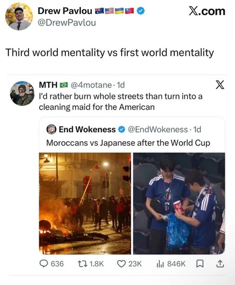 Drew Pavlou: Third world mentality vs first world mentality. MTH: I'd rather burn whole streets than turn into a cleaning maid for the American. End Wokeness: Moroccans vs Japanese after the World Cup. The image shows a comparison: on the left, a street with fires and people, presumably Moroccans rioting after the World Cup; on the right, two Japan