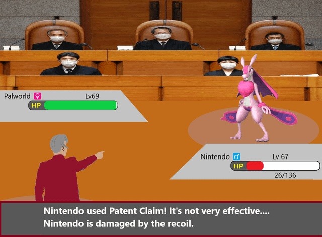 Palworld ♀ Lv69 HP Nintendo ♂ Lv 67 HP 26/136 Nintendo used Patent Claim! It's not very effective.... Nintendo is damaged by the recoil.
