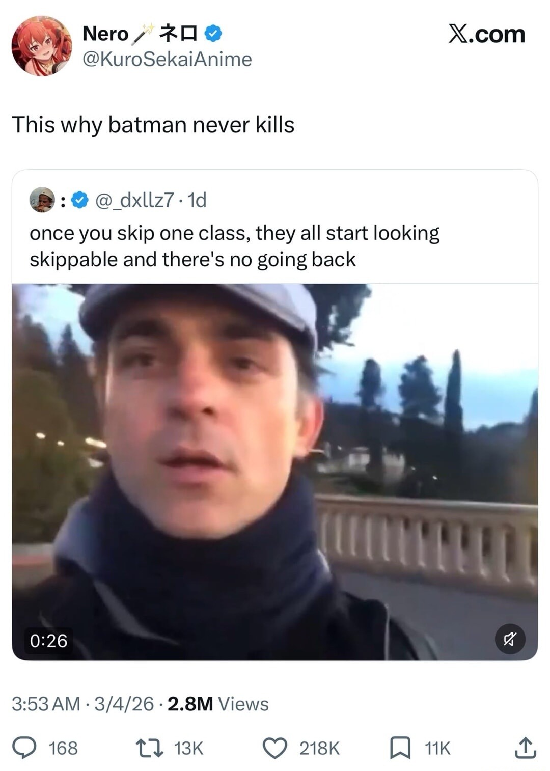 This why batman never kills. once you skip one class, they all start looking skippable and there's no going back.