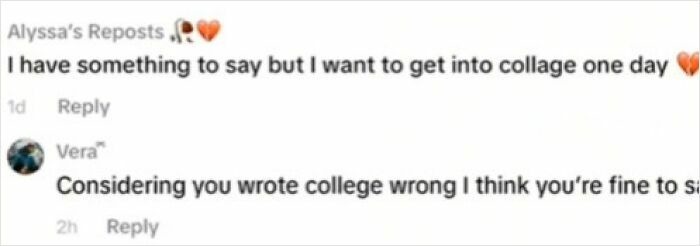 Alyssa's Reposts I have something to say but I want to get into collage one day Vera Considering you wrote college wrong I think you're fine to say