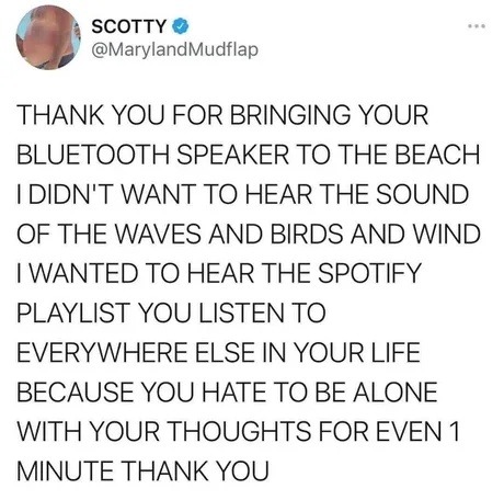 SCOTTY @MarylandMudflap THANK YOU FOR BRINGING YOUR BLUETOOTH SPEAKER TO THE BEACH I DIDN'T WANT TO HEAR THE SOUND OF THE WAVES AND BIRDS AND WIND I WANTED TO HEAR THE SPOTIFY PLAYLIST YOU LISTEN TO EVERYWHERE ELSE IN YOUR LIFE BECAUSE YOU HATE TO BE ALONE WITH YOUR THOUGHTS FOR EVEN 1 MINUTE THANK YOU